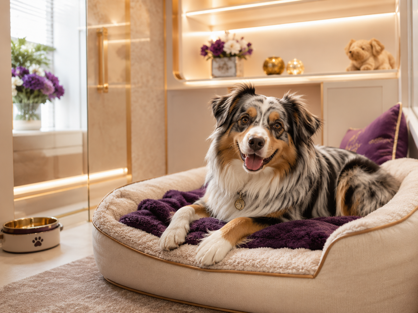 Happy Australian Shepherd resting in a luxury pet suite
