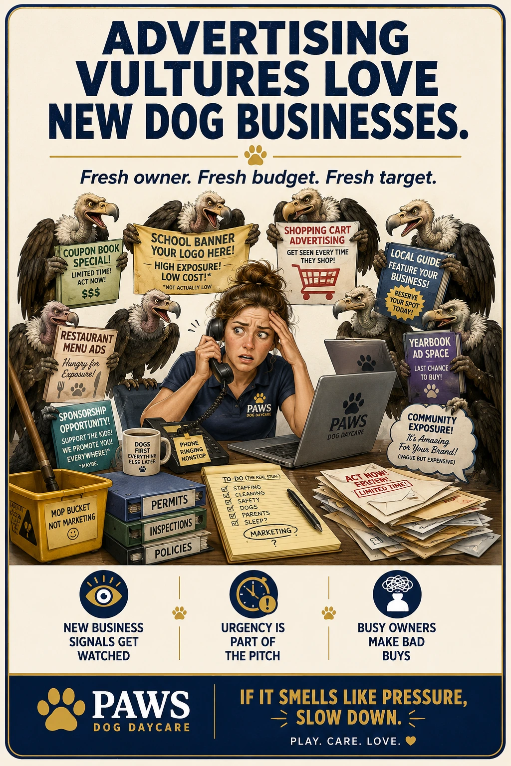 PAWS Dog Daycare advertising vultures image showing ad salespeople circling a new dog daycare owner with coupon books, school banners, shopping cart ads, yearbook ads, menu ads, and urgent sales pitches.