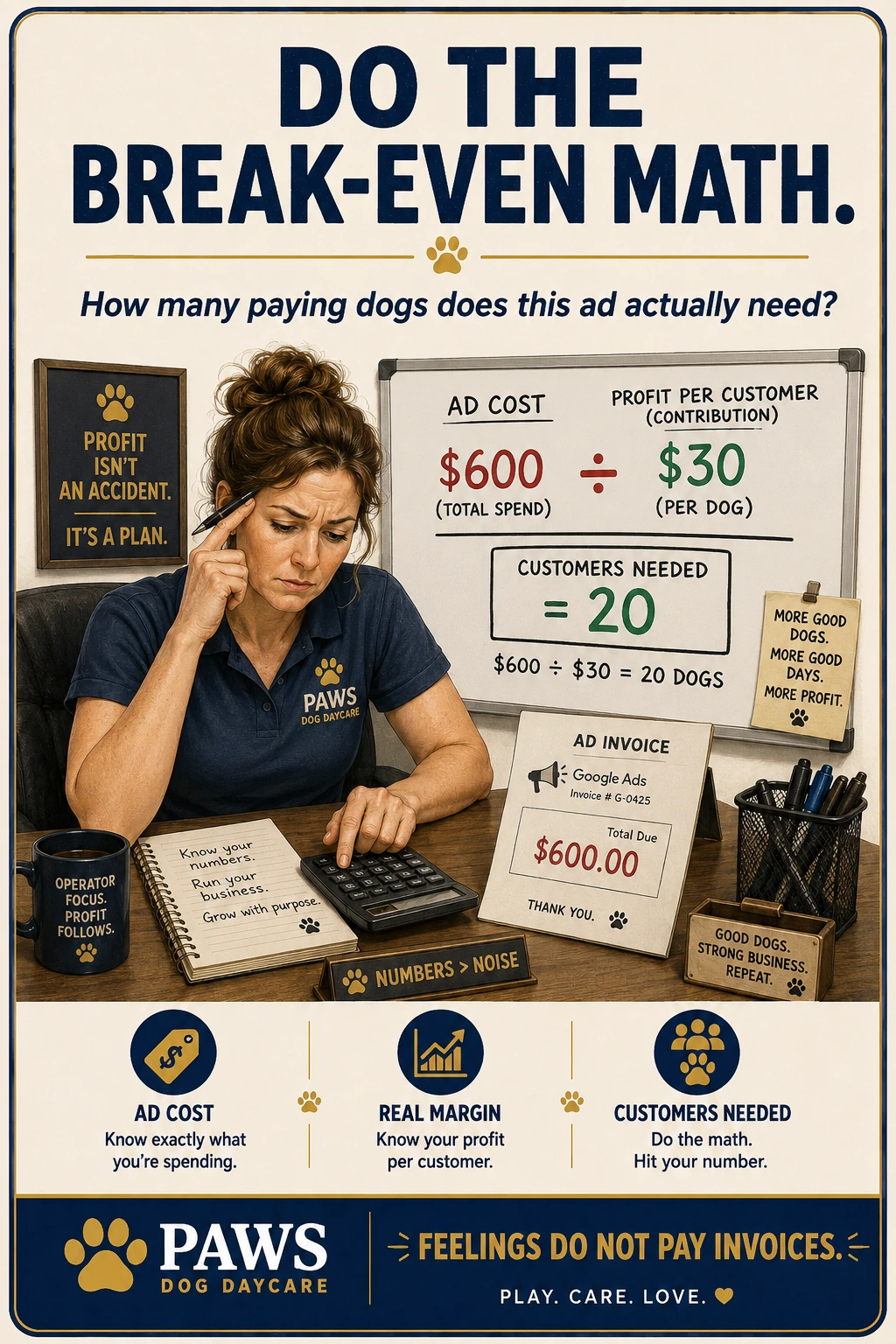 PAWS Dog Daycare break-even math image showing an owner calculating ad cost divided by profit per customer to find how many dogs are needed to break even.
