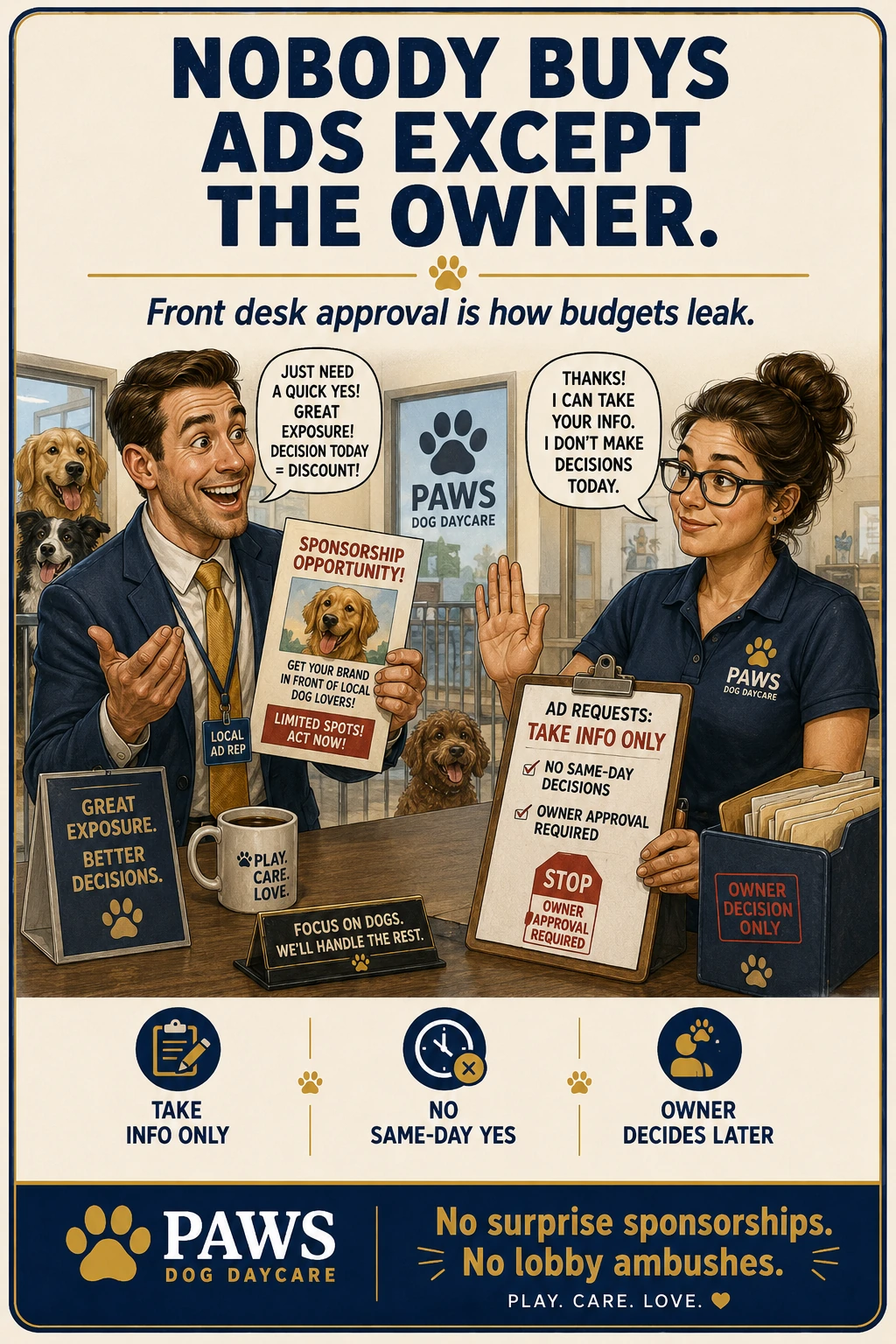 PAWS Dog Daycare front desk rule image showing an employee blocking an ad rep and refusing same-day approval for advertising, listings, artwork, renewals, or invoices.