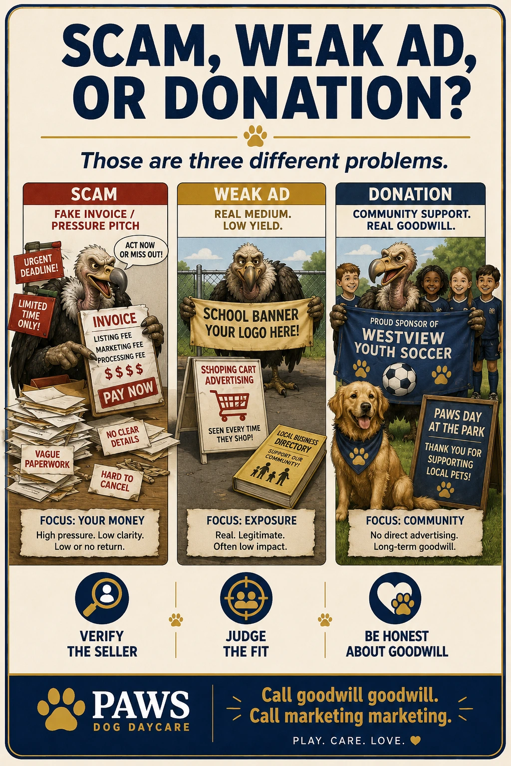 PAWS Dog Daycare graphic showing three buckets for local advertising pitches: scam, weak ad, and donation.