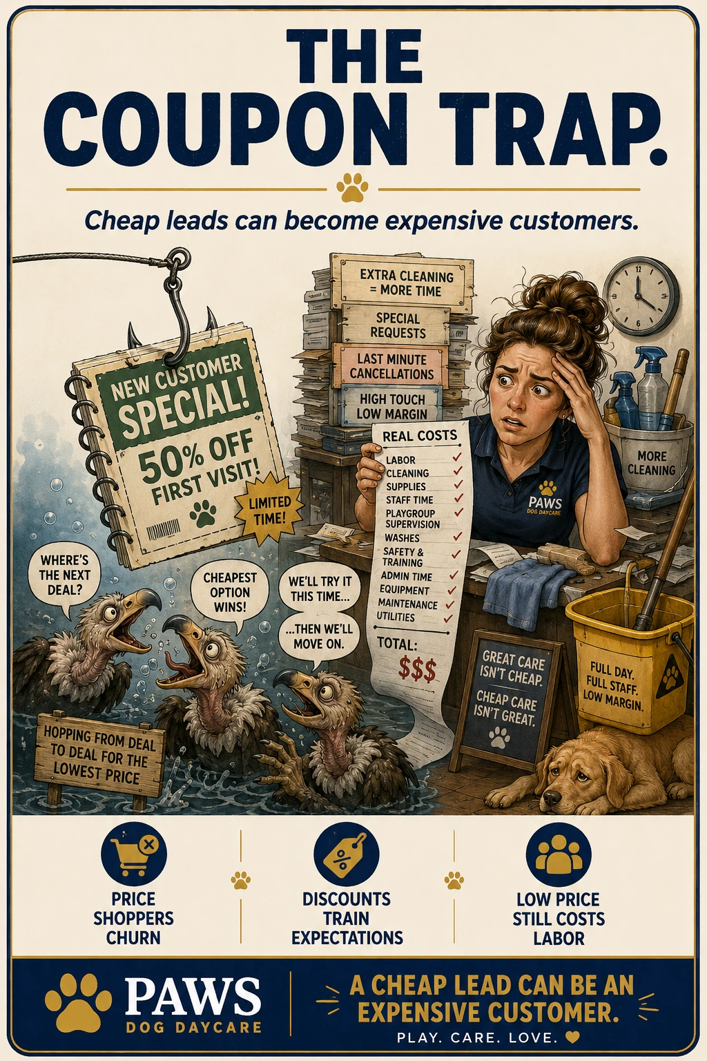 PAWS Dog Daycare coupon trap image showing discount-chasing customers, hidden labor, extra cleaning, special requests, cancellations, low margin, and staff stress.