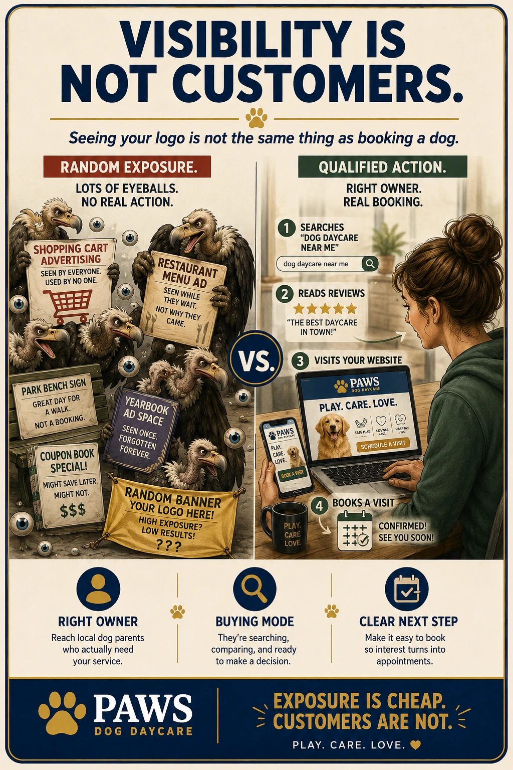 PAWS Dog Daycare visibility versus customers graphic showing random exposure compared with qualified dog owners taking a real next step.