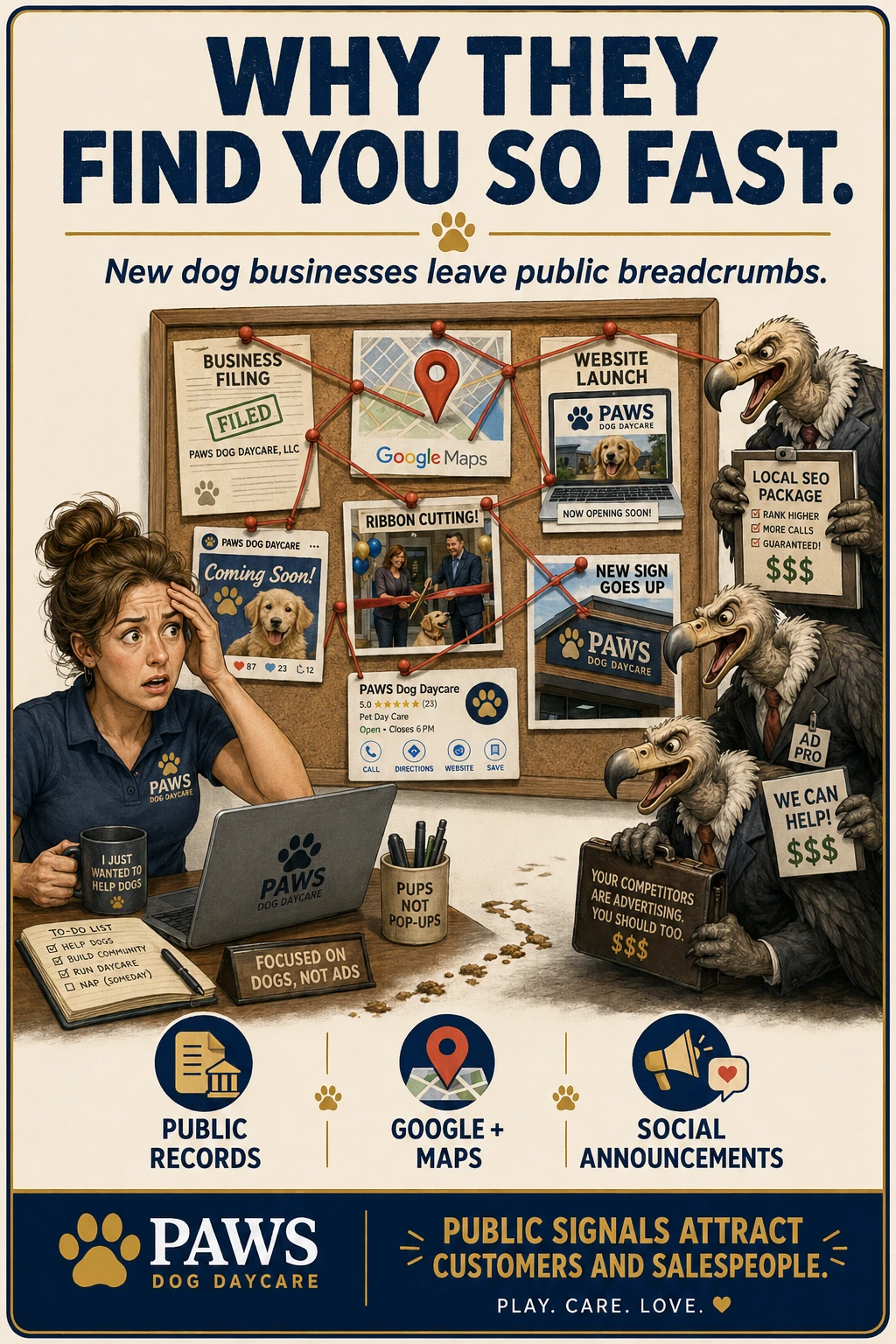 PAWS Dog Daycare image showing public breadcrumbs like business filings, Google Maps, website launch, ribbon cutting, new signage, and social announcements attracting advertising salespeople.