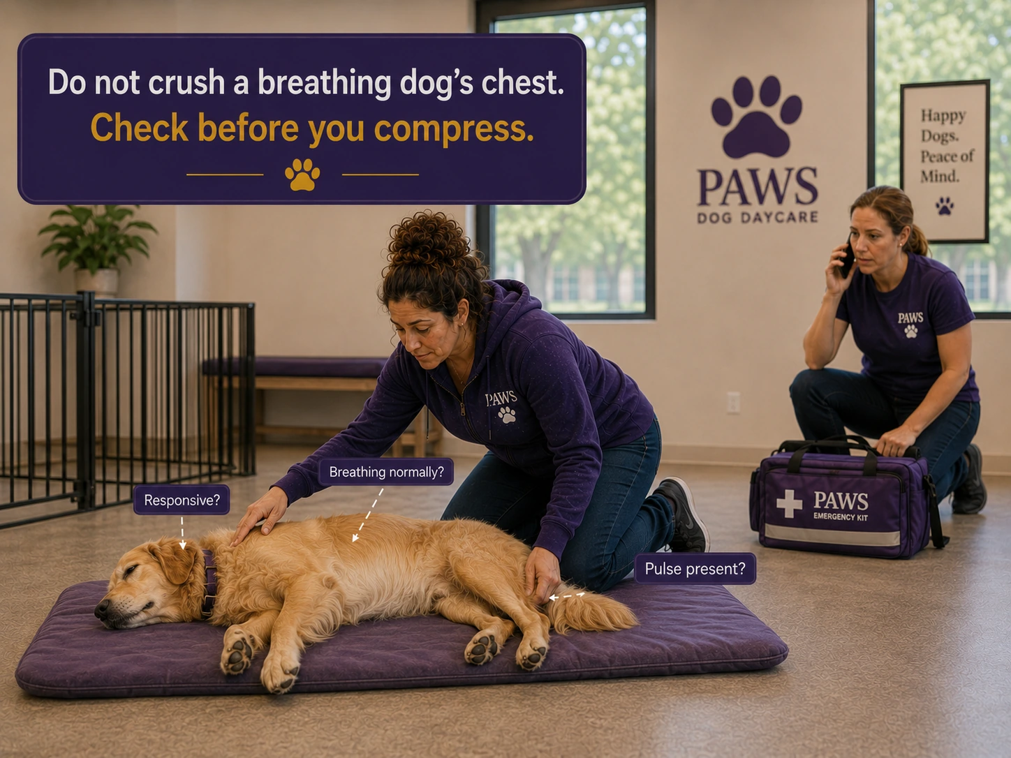 A PAWS staff member assesses a golden retriever lying on a mat, checking responsiveness, breathing, and pulse while another staff member calls for help, illustrating that compressions should not start before assessment.