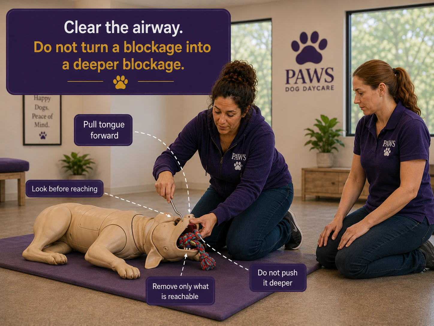 Two PAWS staff members work with a canine CPR training manikin in a daycare room while overlay labels explain how to clear the airway, including pulling the tongue forward, looking before reaching, removing only what is reachable, and not pushing an object deeper.