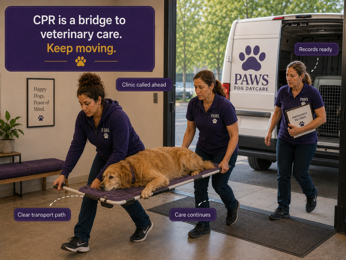 Three PAWS staff members carry a golden retriever on a stretcher toward a waiting transport van while overlay labels note that the clinic has been called ahead, records are ready, and care continues during transport.
