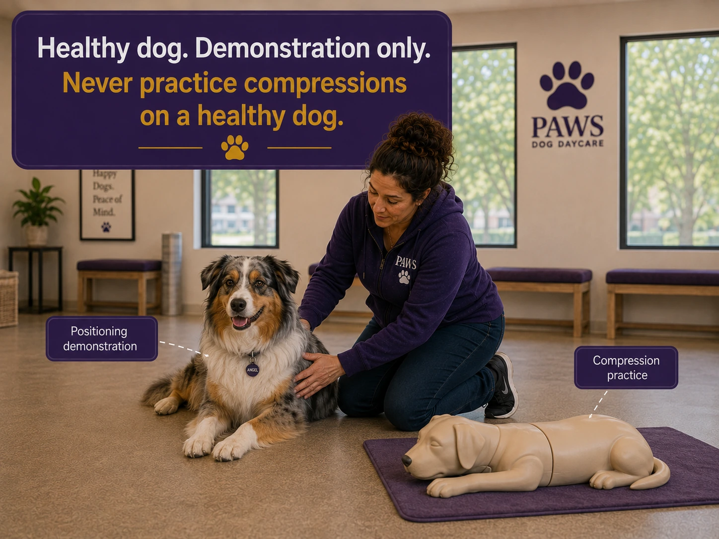 A PAWS staff member kneels beside a calm healthy dog to demonstrate body positioning while a canine CPR manikin rests nearby, reinforcing that compression practice belongs on training equipment, not on a live healthy dog.