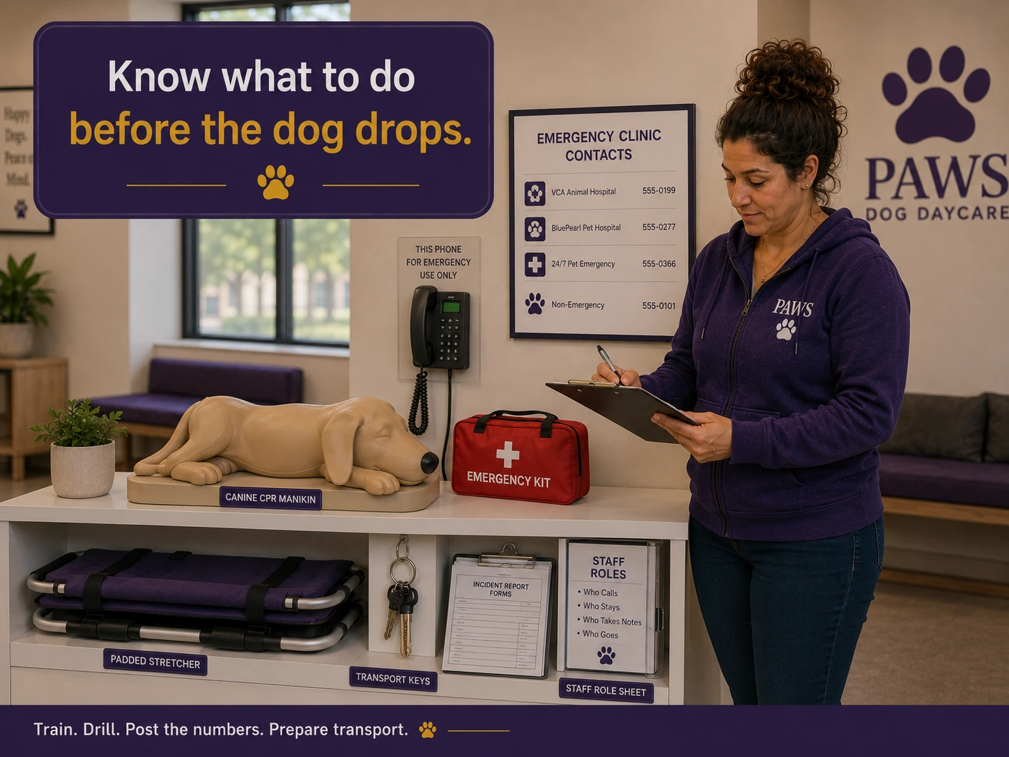 The PAWS Lady stands beside a daycare emergency-prep station with a canine CPR manikin, emergency clinic contact board, first aid kit, stretcher, keys, and staff role sheet, emphasizing readiness before a collapse occurs.