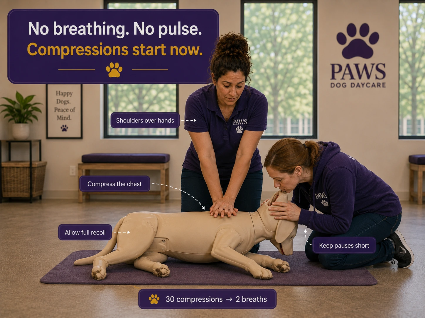 Two PAWS staff members perform canine CPR on a training manikin, with one delivering chest compressions and the other giving breaths as instructional labels show hand position, full recoil, and the 30 compressions to 2 breaths sequence.