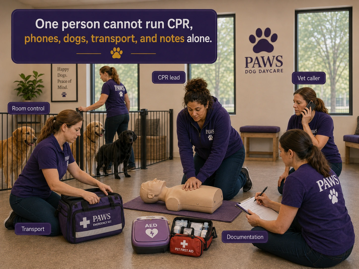 A coordinated PAWS emergency drill shows multiple staff members handling separate roles around a CPR manikin, including CPR lead, vet caller, documentation, transport preparation, and room control for the other dogs.
