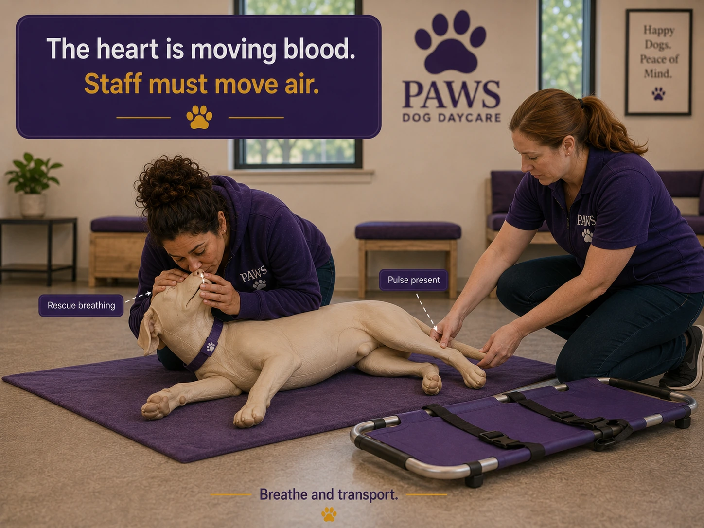 In a PAWS dog daycare room, one staff member gives rescue breaths to a canine CPR manikin while another checks for a pulse, illustrating the response when a pulse is present but the dog is not breathing.