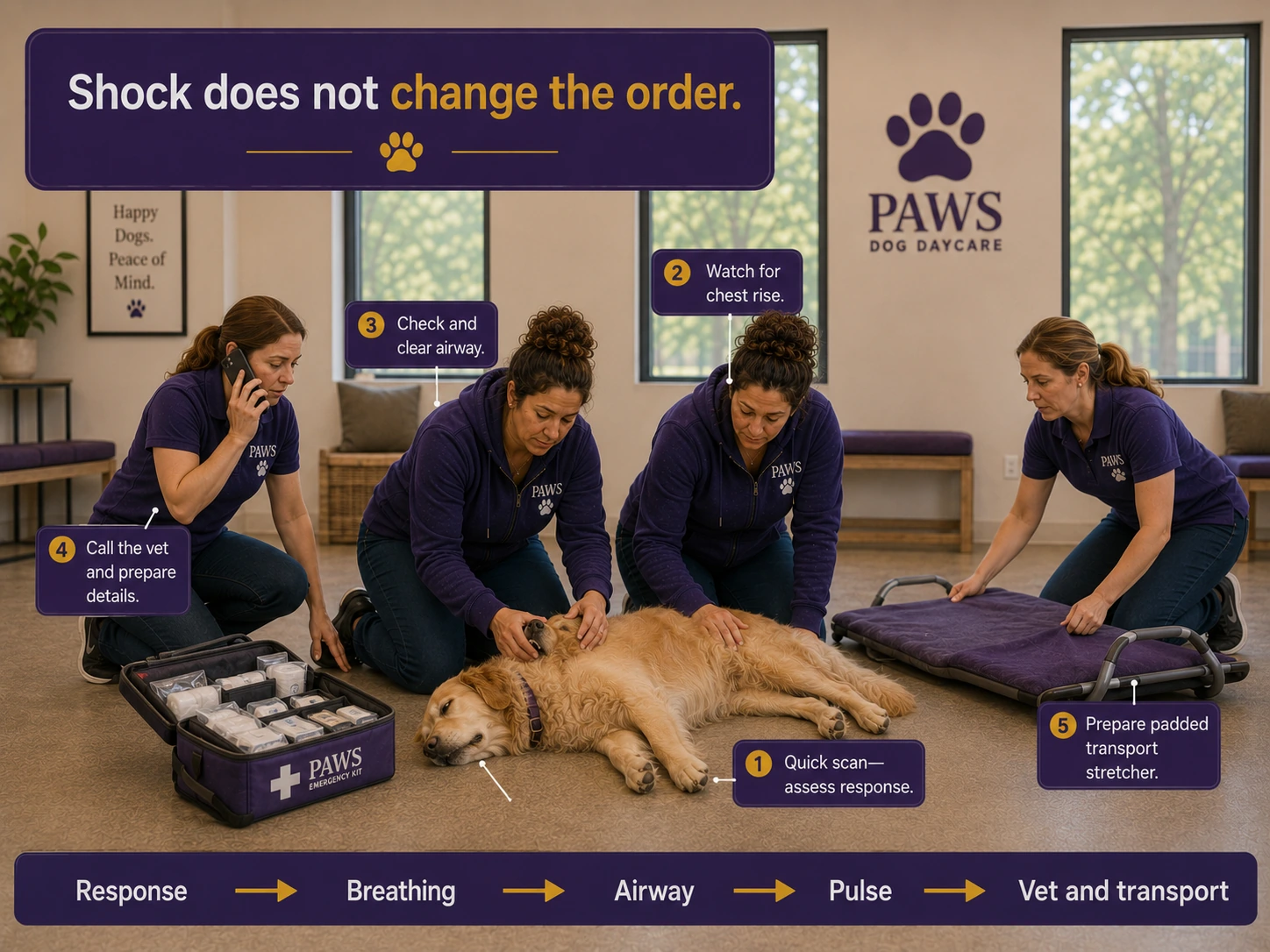 A step-by-step PAWS emergency scene shows staff assessing a golden retriever, watching for chest rise, checking and clearing the airway, calling the vet, and preparing a padded stretcher, with a bottom sequence graphic showing the response order.