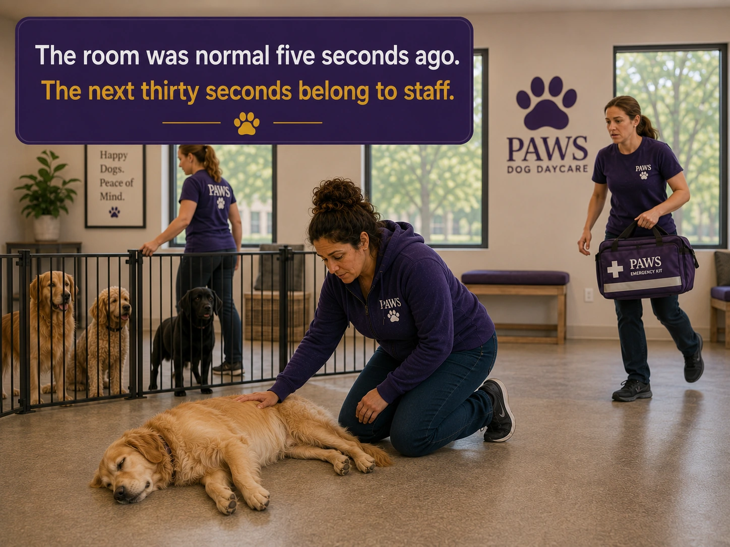 In a PAWS daycare room, one staff member reaches a collapsed golden retriever while another brings an emergency kit and a third secures the rest of the dogs behind a gate, showing the first moments of coordinated response.