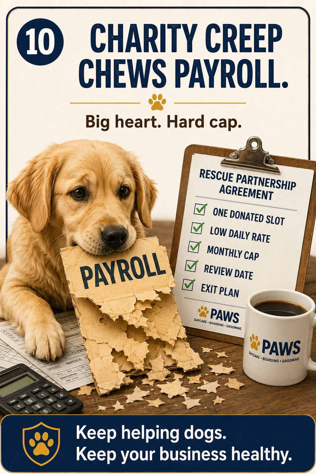 PAWS Dog Daycare charity creep warning showing a puppy chewing a payroll folder beside a rescue partnership agreement with donated slot, low daily rate, monthly cap, review date, and exit plan.