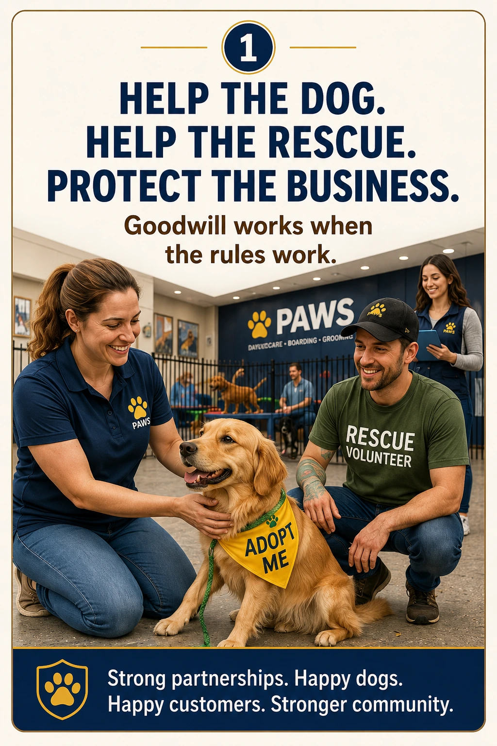 PAWS Dog Daycare rescue networking image showing daycare staff and a rescue volunteer helping an adoptable dog inside a structured facility.