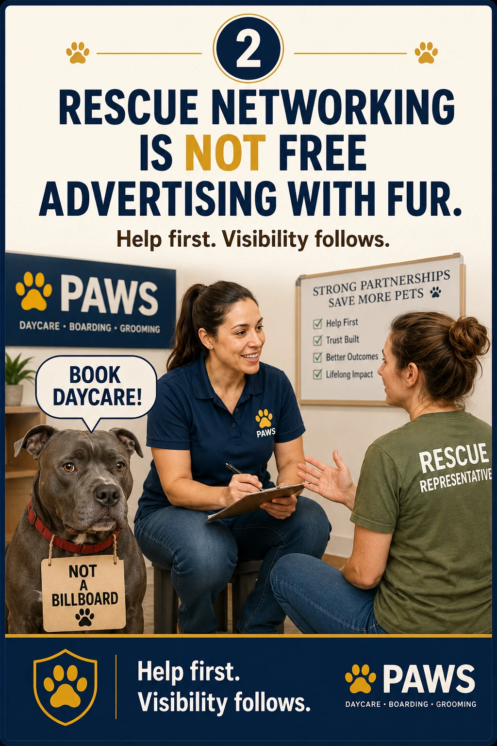 Humorous PAWS Dog Daycare rescue networking image showing a rescue dog labeled not a billboard while staff explain that rescue work is not free advertising with fur.