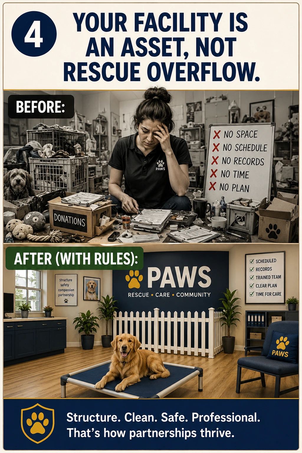 PAWS Dog Daycare comparison image showing rescue overflow chaos before rules and a clean structured rescue support area after rules.