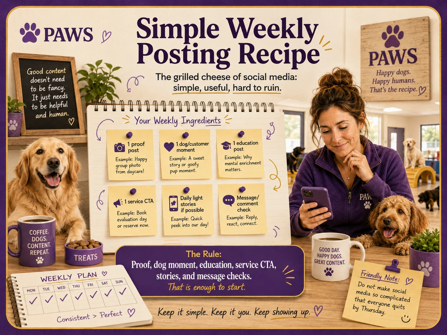 PAWS Dog Daycare DM conversion walkthrough showing what happens after a customer asks how much daycare costs, from answer and follow-up to tour, booking, and loyal client.