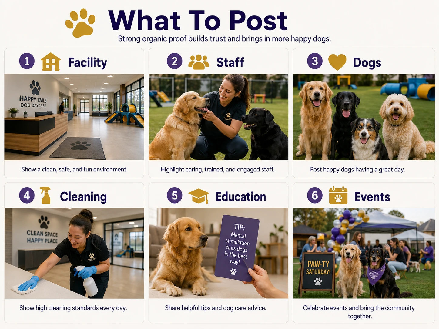 PAWS Dog Daycare social media graphic showing direct messages moving from customer questions into qualified leads, tours, evaluations, and bookings.