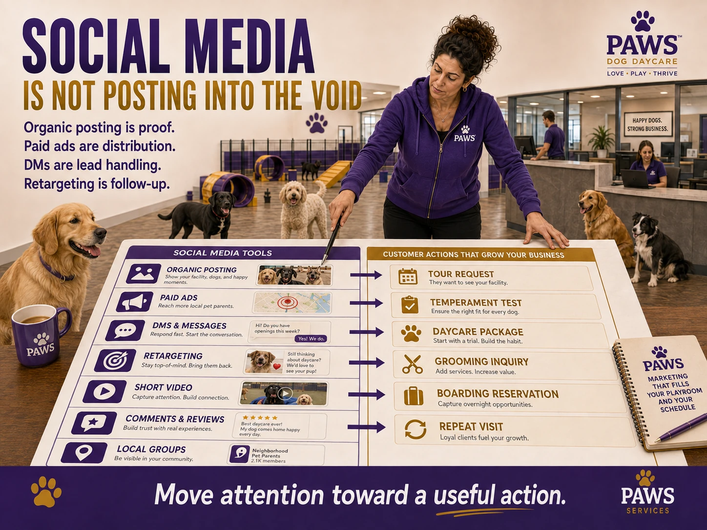 PAWS Dog Daycare social media advertising hero image showing the PAWS Lady in a daycare facility presenting how social media tools such as organic posting, paid ads, DMs, retargeting, short video, comments, and local groups should move customers toward useful actions like tour requests, temperament tests, daycare packages, grooming inquiries, boarding reservations, and repeat visits.