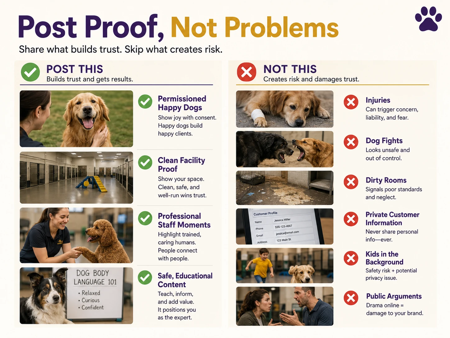 PAWS Dog Daycare social media proof image showing a clean, active facility with professional staff and cared-for dogs.