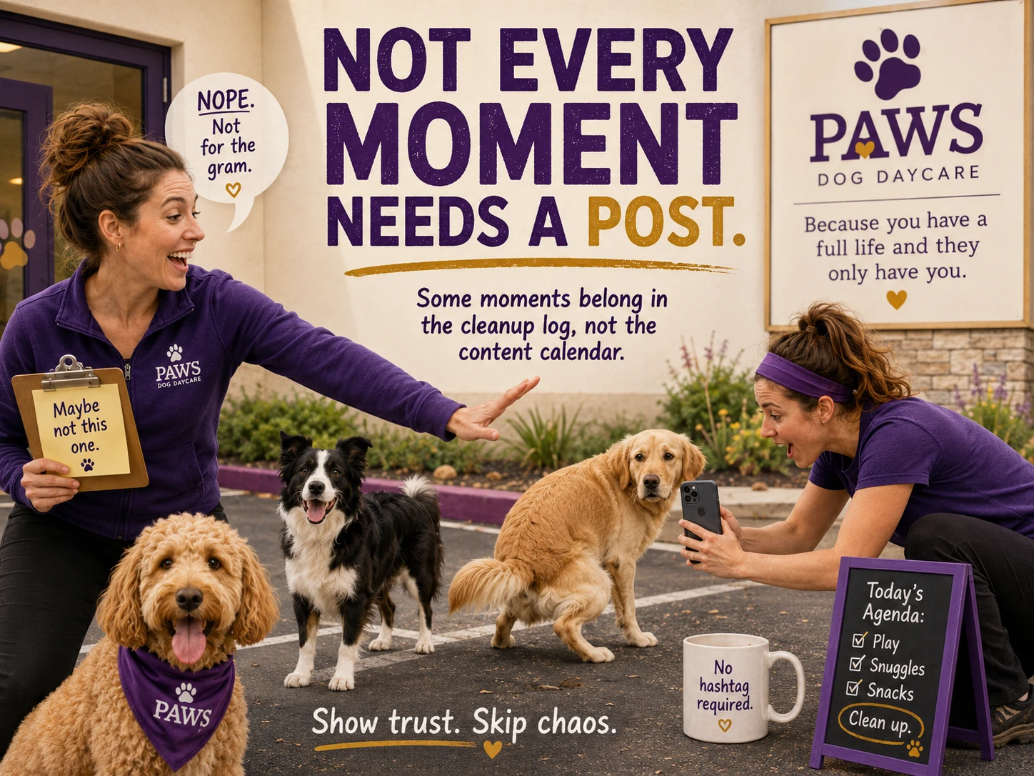 Humorous PAWS Dog Daycare image showing dogs writing social media posts with funny dog captions about friends, snacks, tennis balls, bath day, and daycare.
