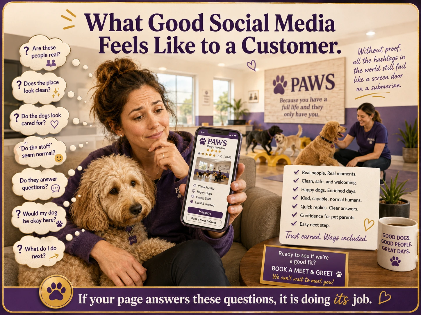 PAWS Dog Daycare simple weekly posting recipe showing proof post, dog or customer moment, education post, service CTA, stories, and message or comment checks.