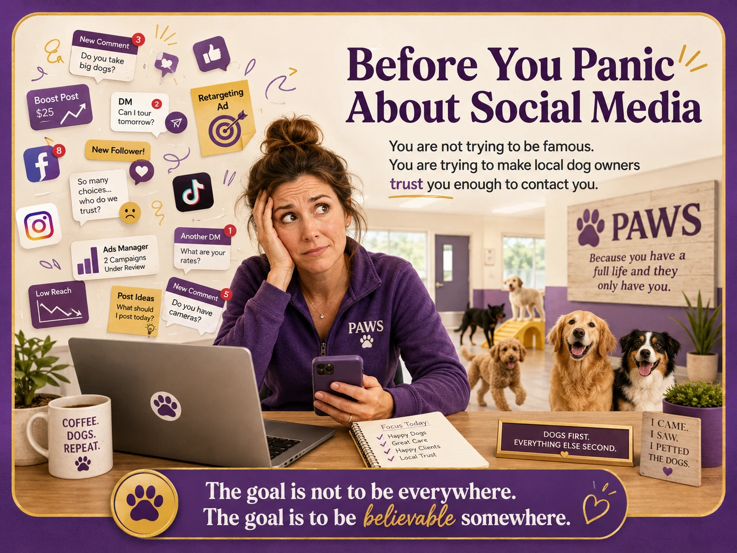 PAWS Dog Daycare social media simplification graphic showing a messy pile of apps beside a focused Facebook and Instagram plan.
