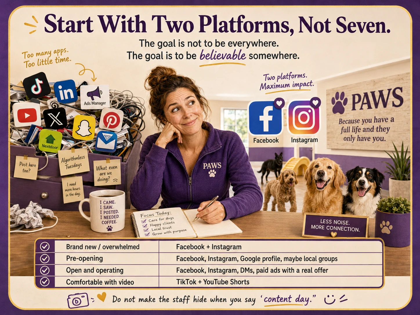 Dog daycare social media performance dashboard showing DMs, calls, forms, tours, evaluations, bookings, repeat customers, ad spend, cost per booked customer, traffic sources, and bookings by service.
