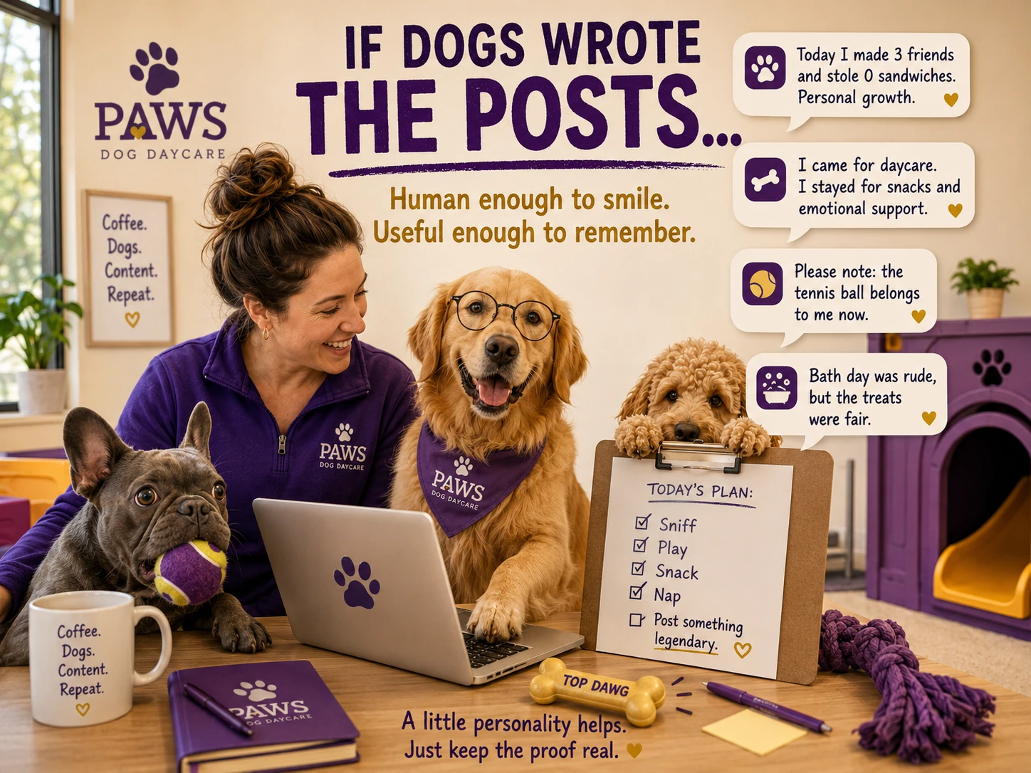 Dog owner looking at a PAWS Dog Daycare social media page and asking whether the people are real, the place is clean, the dogs are cared for, staff answer questions, and what to do next.