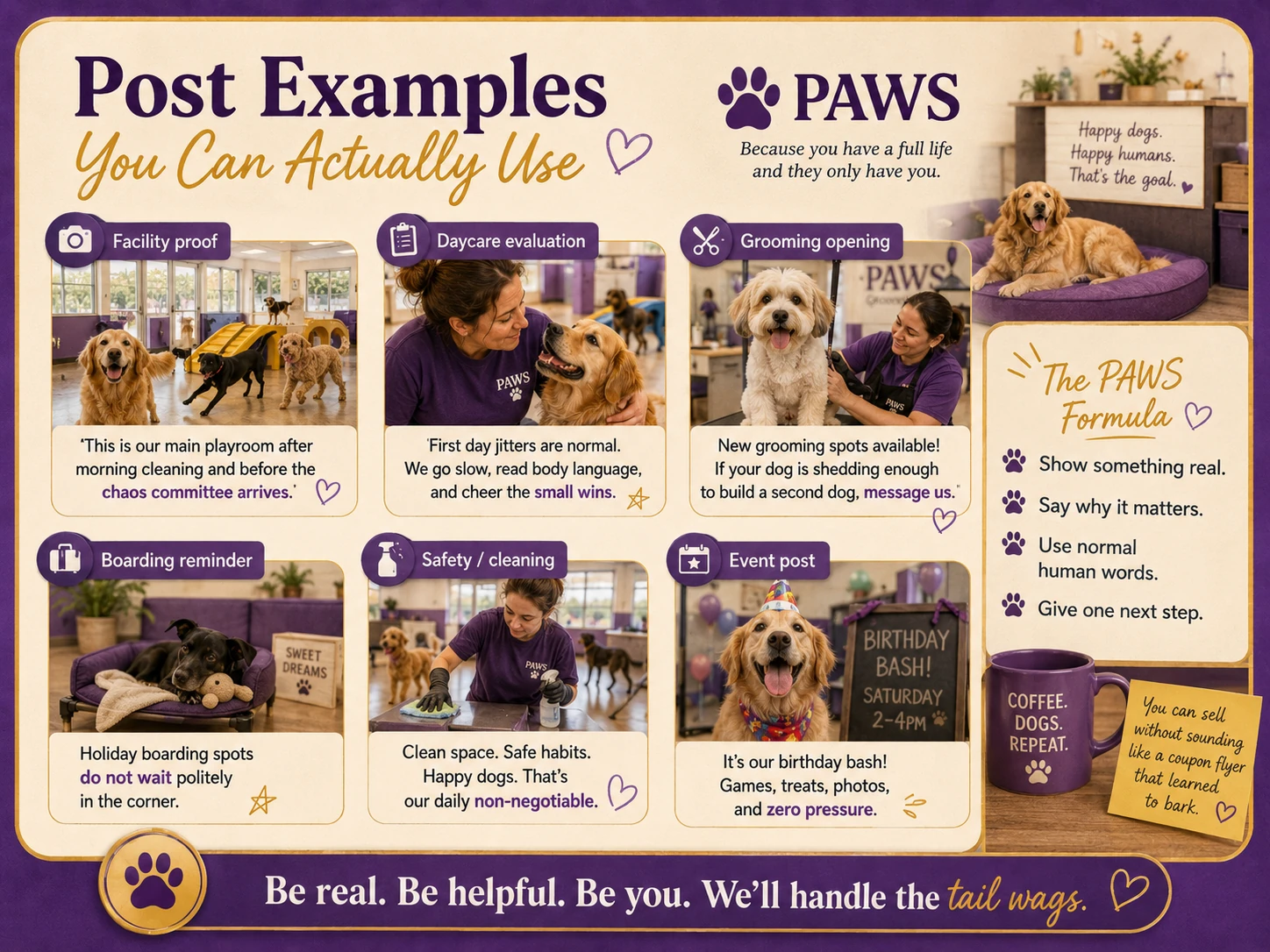 PAWS Dog Daycare first seven days of social media work checklist covering profile cleanup, proof photos, customer questions, proof posts, service posts, DM replies, and tracking.
