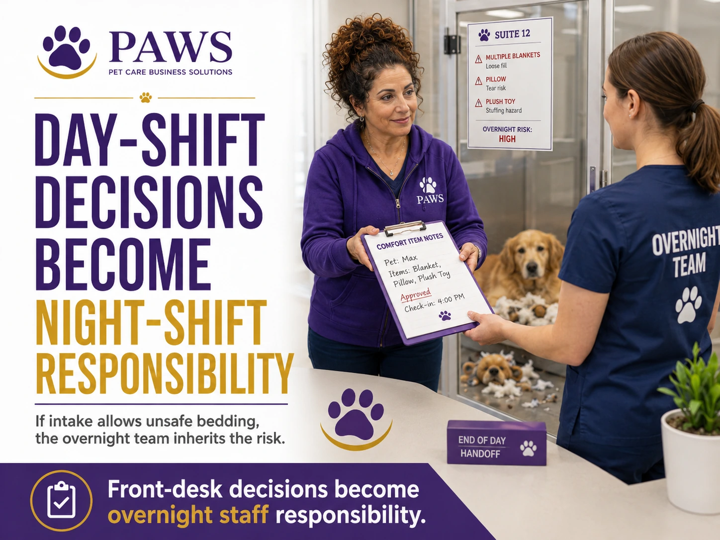 PAWS Lady hands comfort-item notes to an overnight team member while a dog waits in a suite marked with overnight-risk warnings, illustrating how front-desk approvals affect nighttime boarding safety.