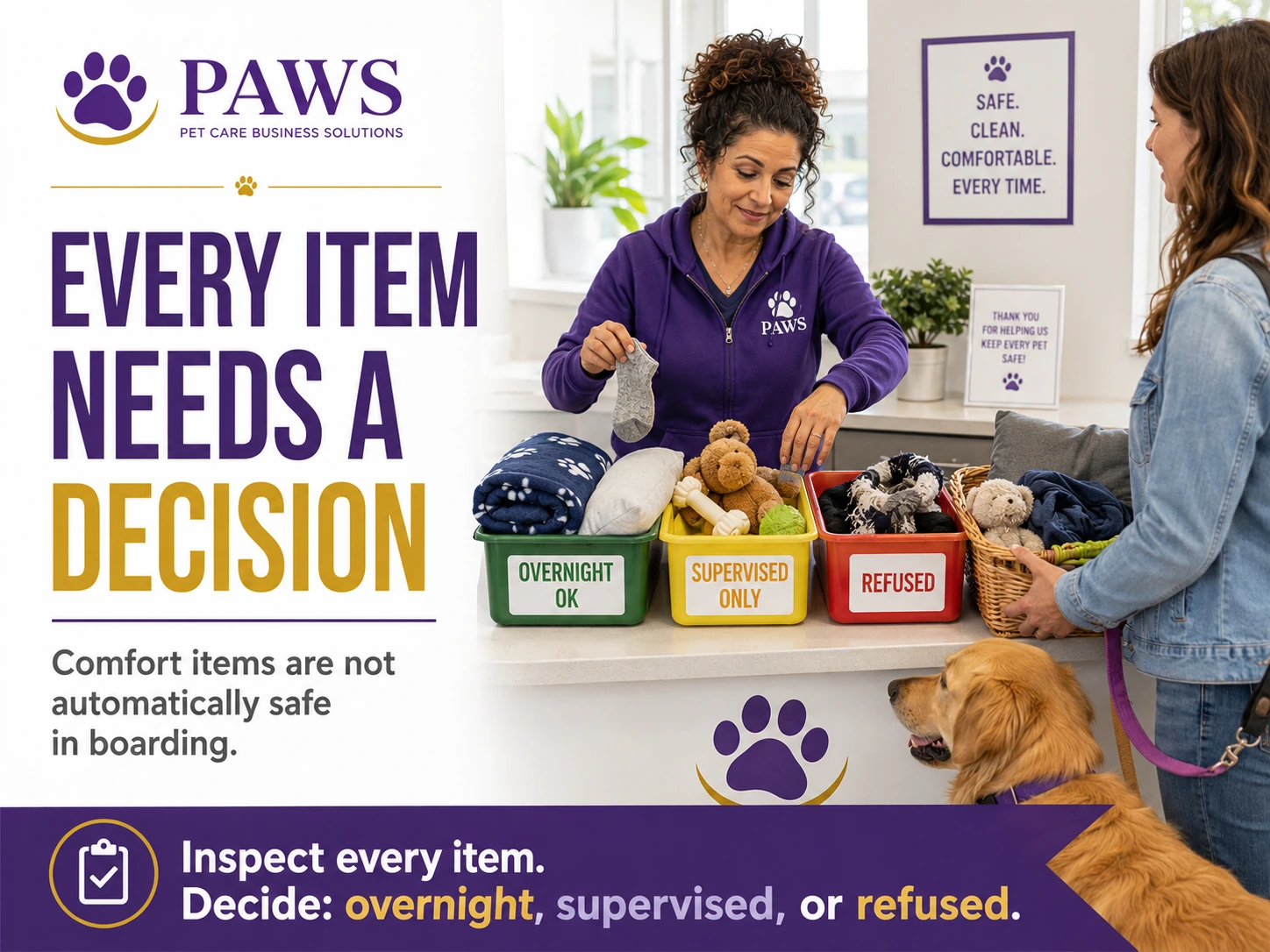 PAWS Lady sorts blankets, toys, and owner-provided items into clearly labeled bins for overnight OK, supervised only, and refused, while a client and dog watch the decision process.