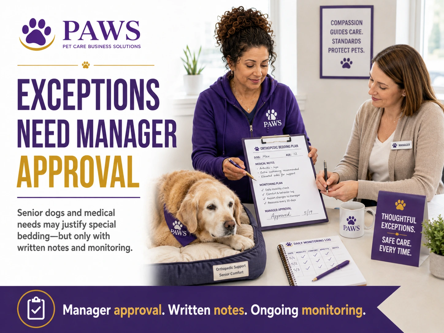 PAWS Lady and a manager review a written orthopedic bedding plan for a senior dog resting on a supportive bed, highlighting approval, written notes, and ongoing monitoring for special exceptions.
