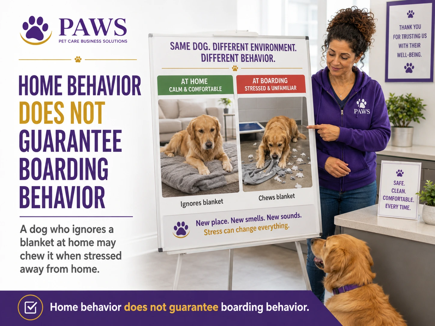 PAWS Lady stands beside a teaching board comparing a dog calmly ignoring a blanket at home versus chewing it in a stressful boarding environment, while a golden retriever looks on.