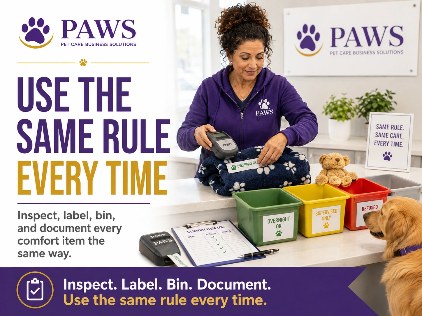 PAWS Lady inspects and labels a blanket at a counter beside clearly marked bins for overnight OK, supervised only, and refused items, while a dog watches and a comfort-item log sits nearby.
