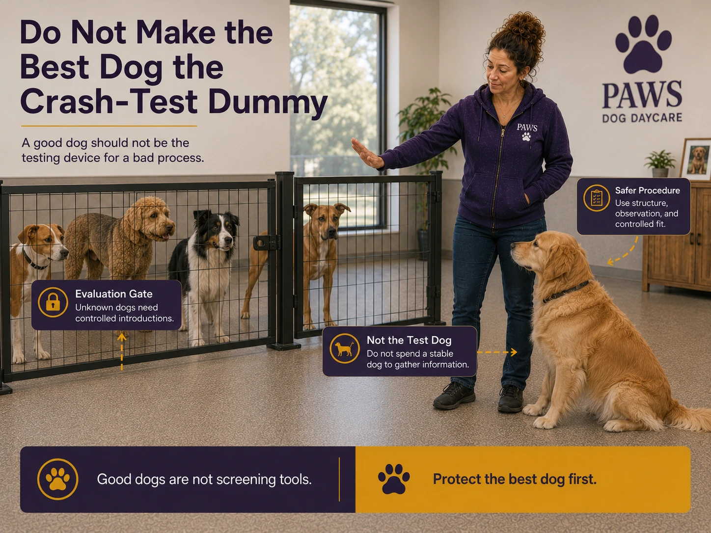 PAWS daycare handler blocks a stable golden retriever from being used as a test dog while unknown dogs wait behind an evaluation gate.