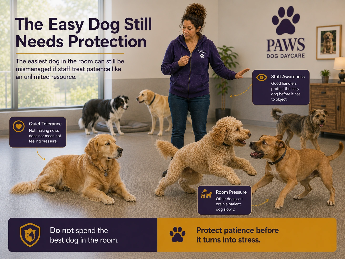 PAWS daycare handler protects an easygoing golden retriever while a pushier dog pressures a curly-coated dog, showing that the calmest adaptable dog in the room still needs protection.