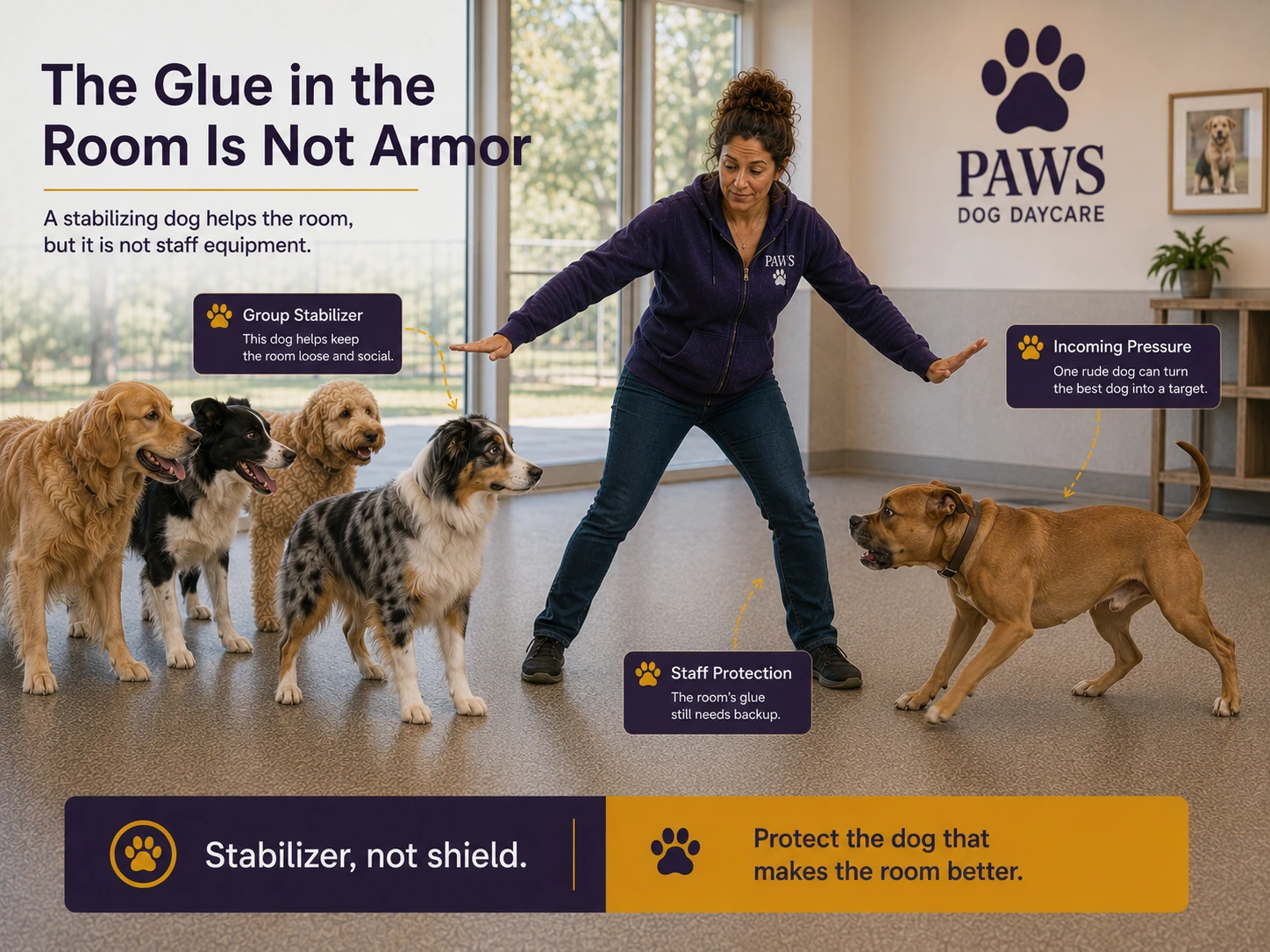 PAWS daycare handler protects a calm room-stabilizing dog from a rude incoming dog while other balanced dogs wait behind her, showing that the dog helping the room still needs backup.