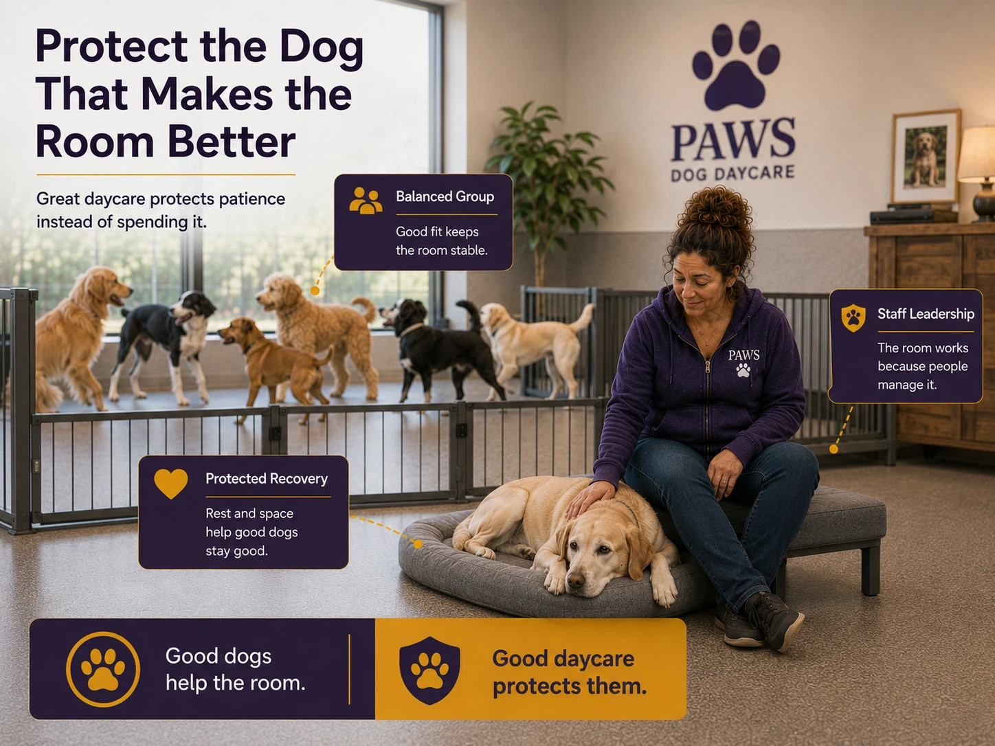 PAWS daycare handler rests beside a calm yellow Labrador while a balanced group plays behind a divider, showing that good daycare protects the patient dog that makes the room better.
