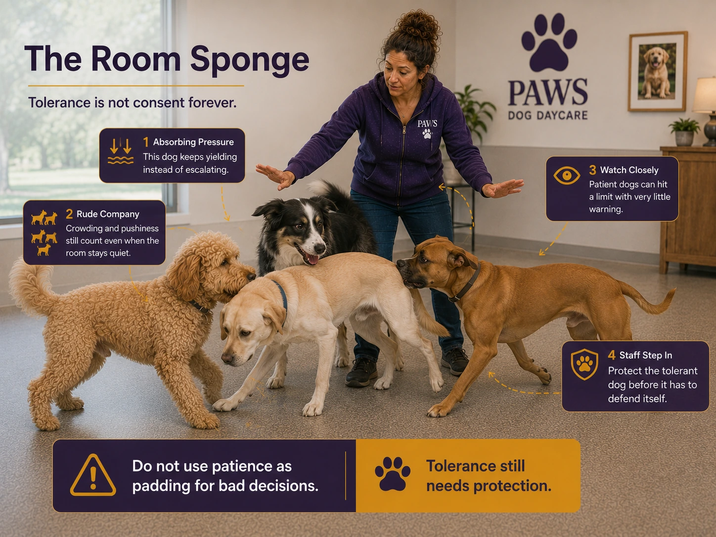 PAWS daycare handler steps in as a tolerant yellow Labrador absorbs rude social pressure from multiple dogs, illustrating that patience is not consent forever.