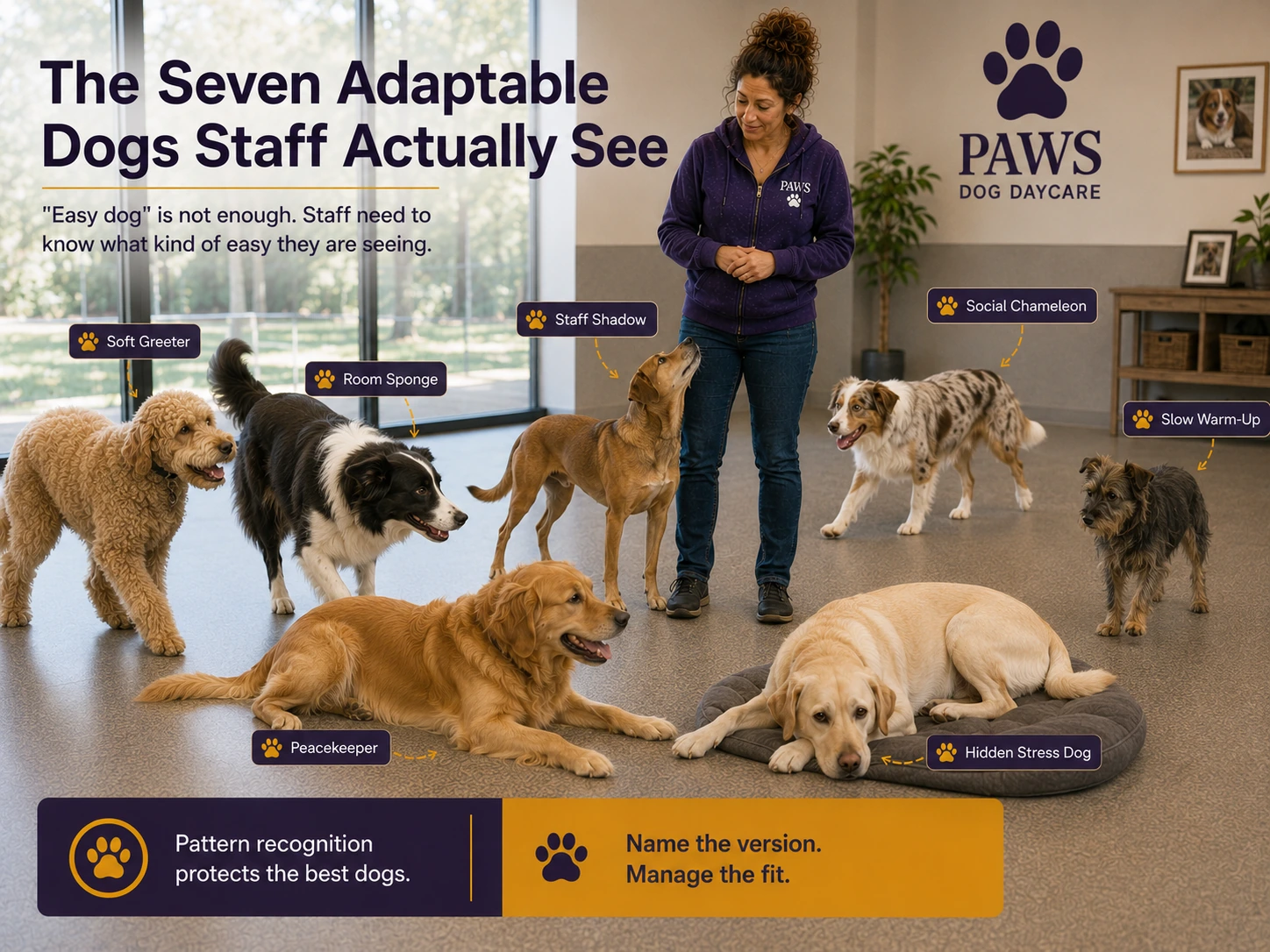 PAWS daycare handler reviews seven adaptable-dog patterns labeled soft greeter, room sponge, staff shadow, social chameleon, slow warm-up, peacekeeper, and hidden stress dog.