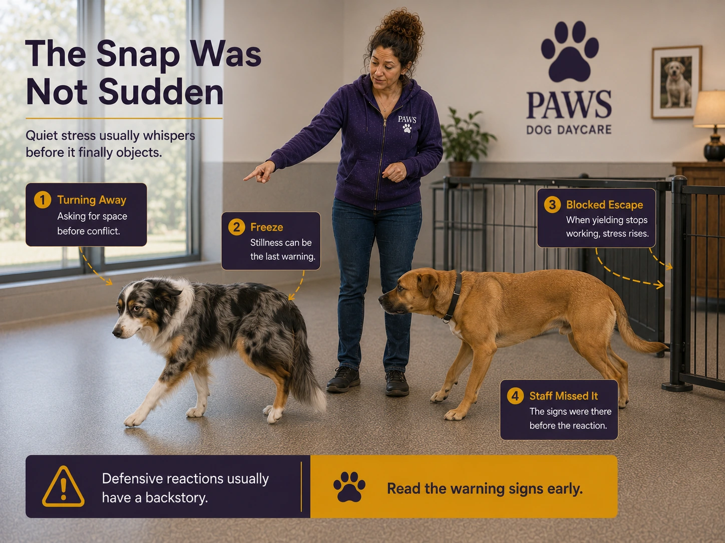 PAWS daycare handler points out early warning signs as an adaptable dog turns away and freezes while another dog blocks escape, showing that a defensive reaction usually had a clear lead-up.