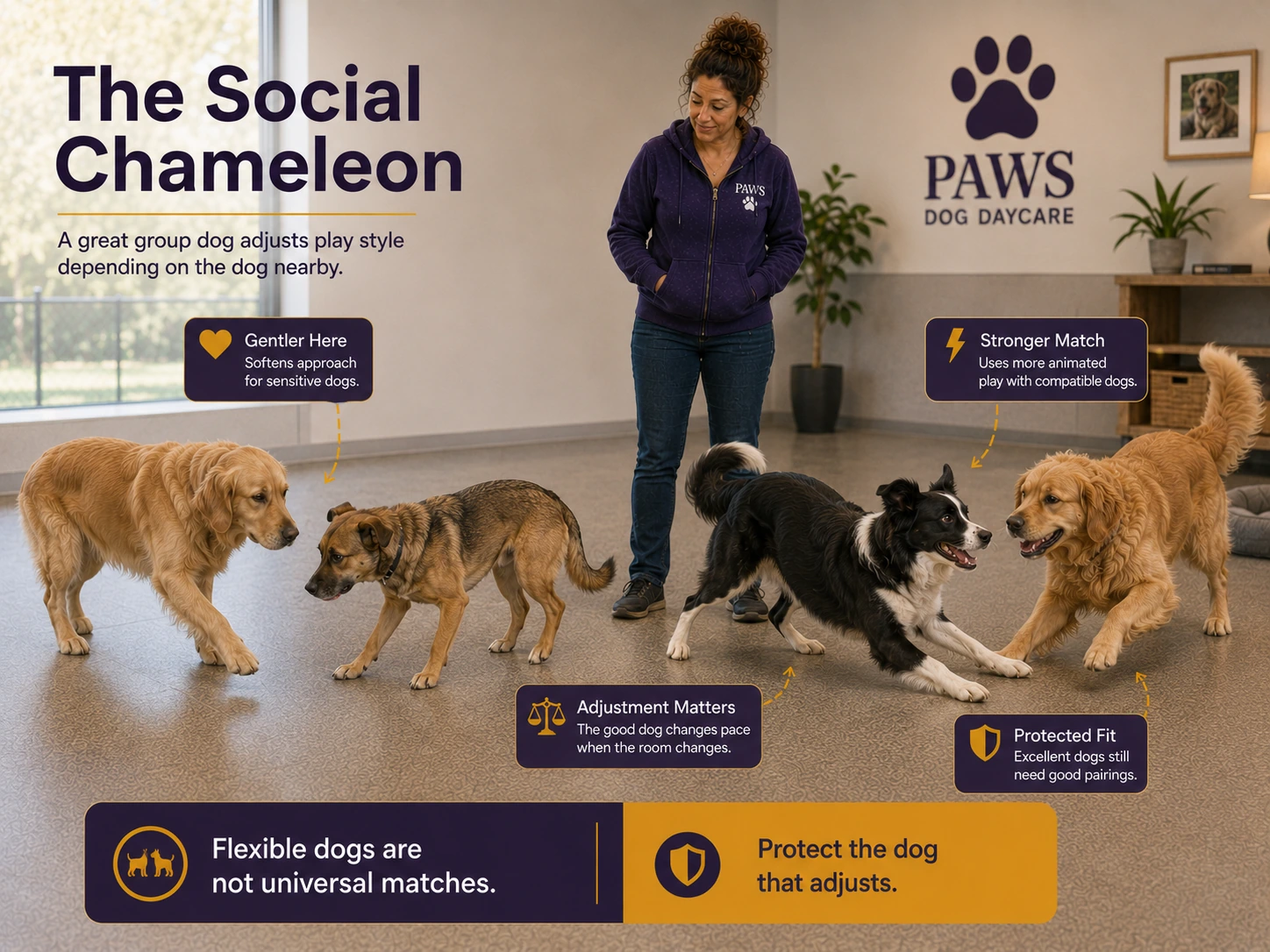 PAWS daycare handler watches an adaptable dog soften its play with a cautious smaller dog and use stronger play with a compatible golden retriever, showing play-style adjustment by fit.