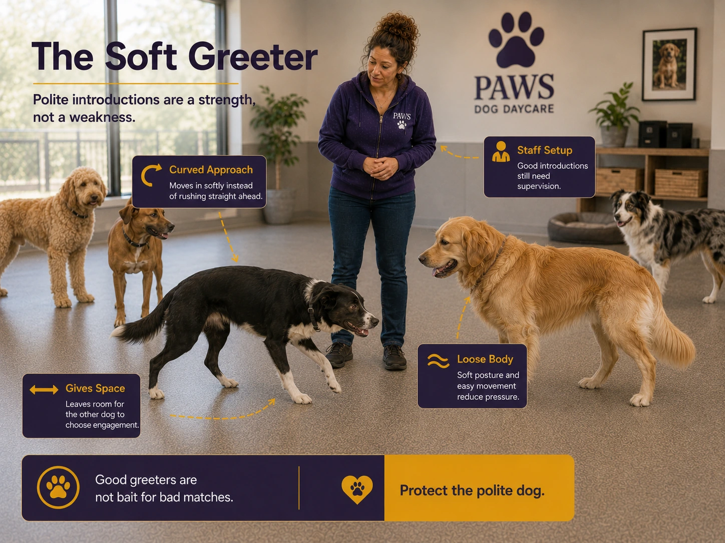 PAWS daycare handler supervises a polite curved greeting as a black-and-white adaptable dog approaches a golden retriever softly, gives space, and avoids rushing straight in.