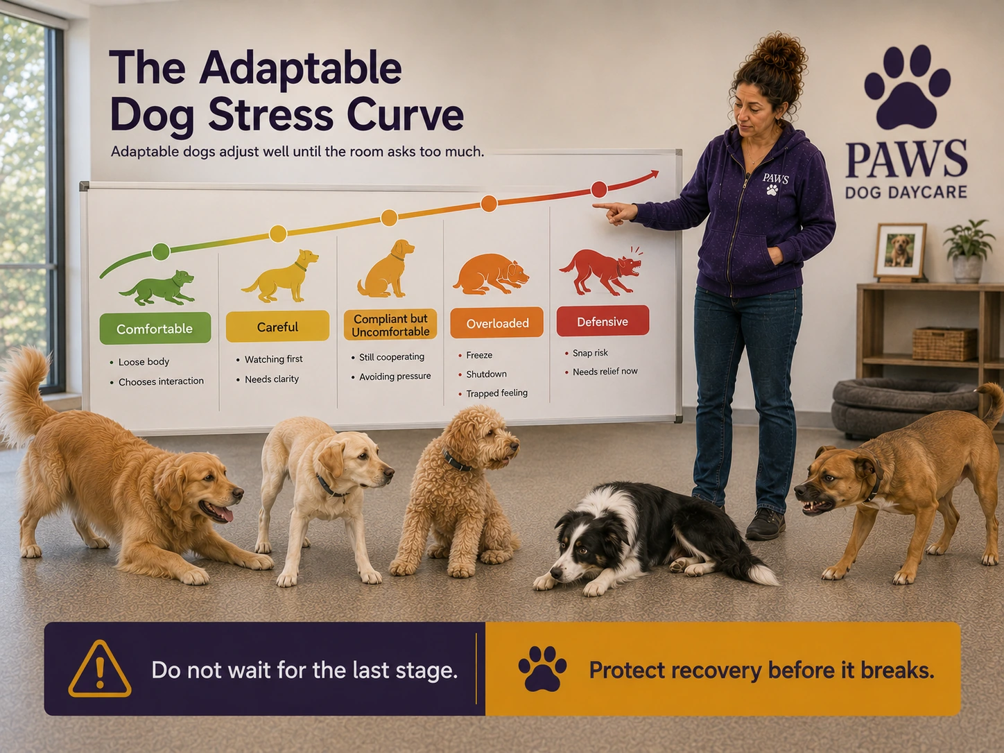 PAWS daycare handler points to an adaptable-dog stress curve showing comfortable, careful, compliant but uncomfortable, overloaded, and defensive stages.