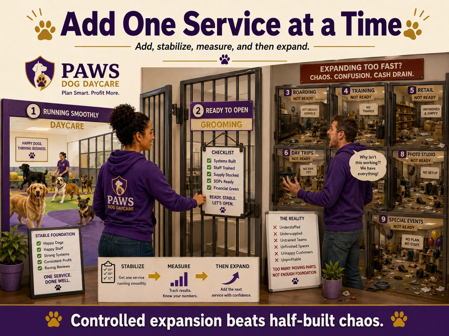 PAWS consultant opening one dog daycare service at a time while unfinished boarding, training, retail, transport, and event rooms remain closed.