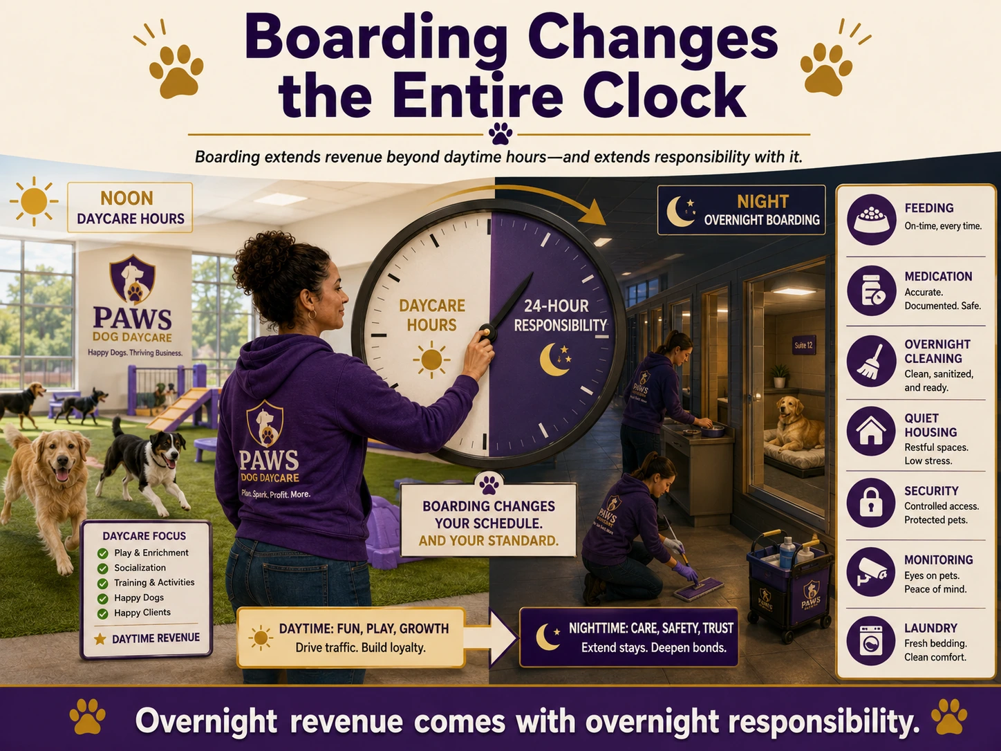 Split day-and-night dog daycare scene showing boarding responsibilities including feeding, medication, cleaning, quiet housing, security, monitoring, and laundry.