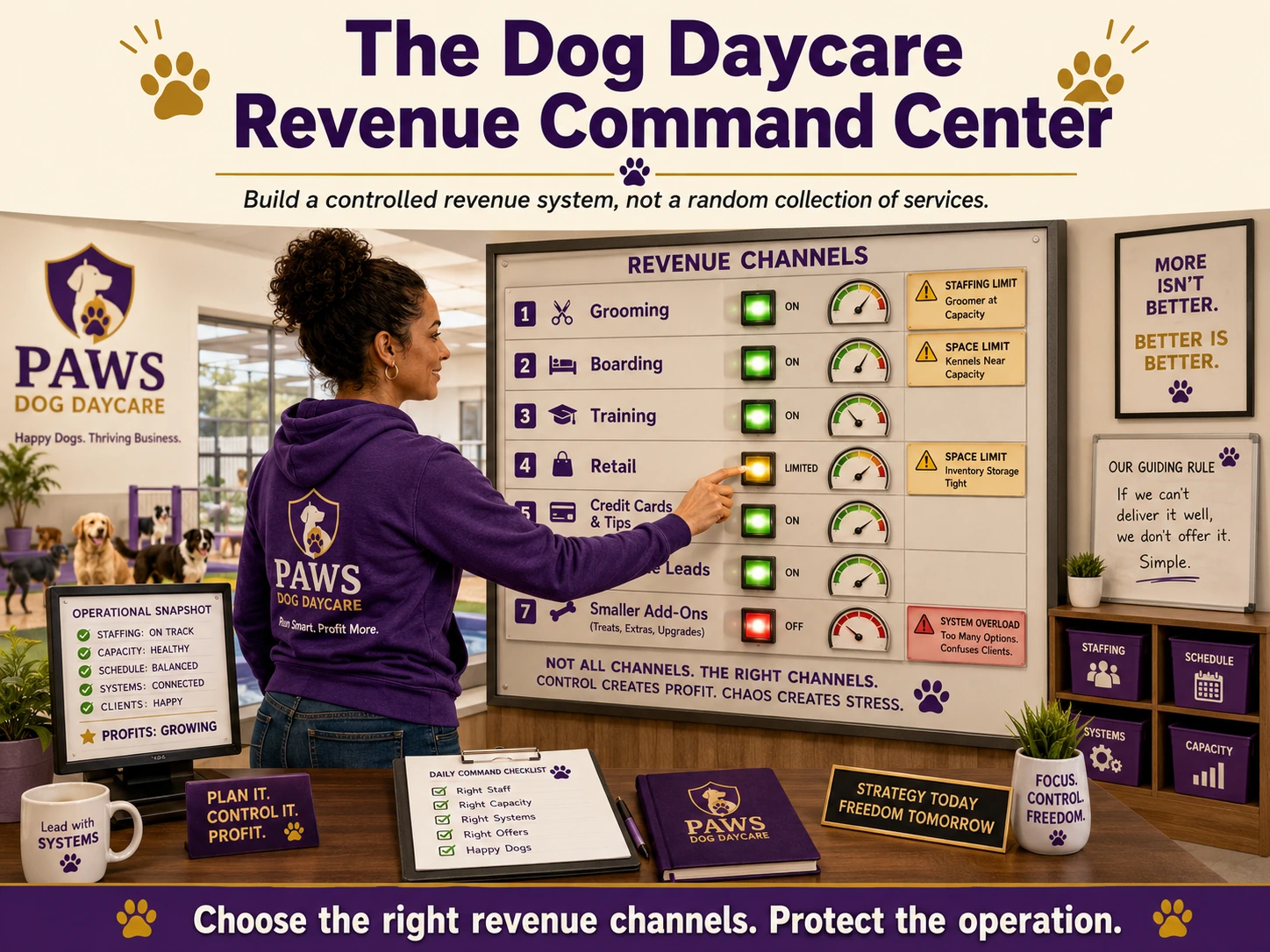 PAWS dog daycare consultant using a revenue command board to evaluate grooming, boarding, training, retail, payment, website, and add-on income channels.
